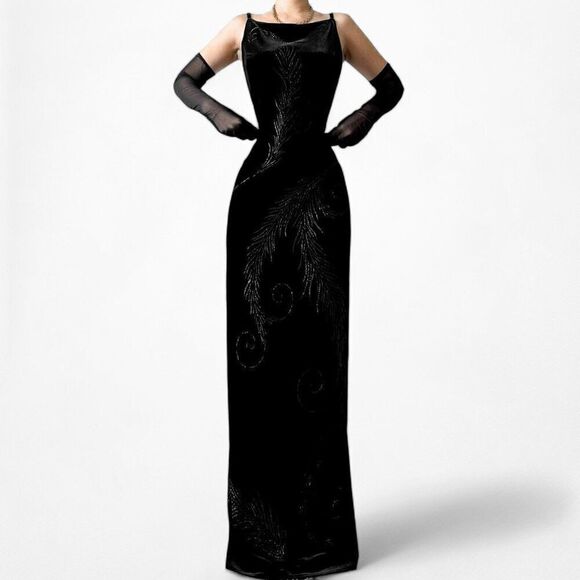 Vintage Black Knit Floral Plant Glitter Maxi Bodycon Formal Prom Dress Size M/L - Picture 2 of 7